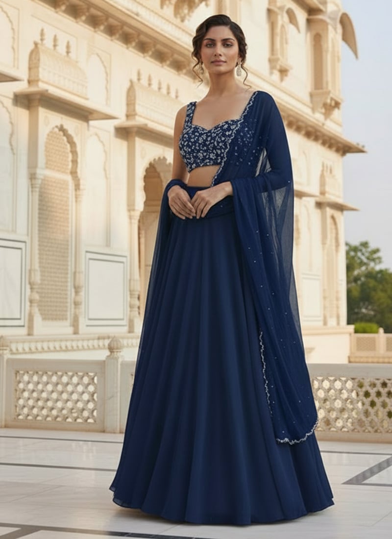 Blue Georgette Sequins Hand Embroidered Lehenga Wedding Wear