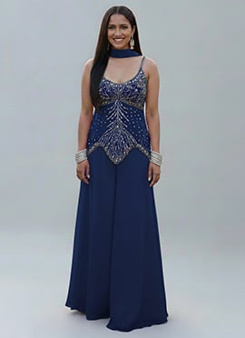 Blue Georgette Sequins Hand Embroidered Palazzo Suit