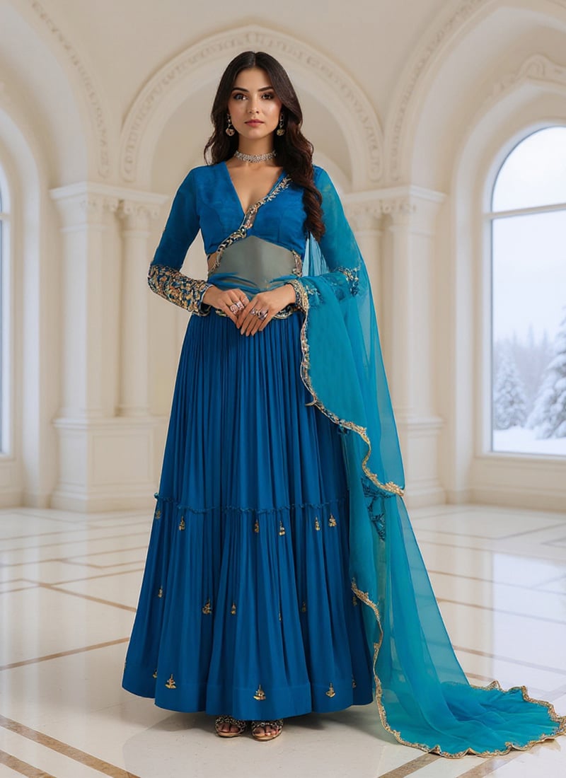 Blue Georgette Sequins Hand Embroidered Sequins Lehenga  Wedding Wear