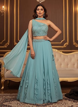 Blue Georgette Sequins Hand Embroidery Lehenga