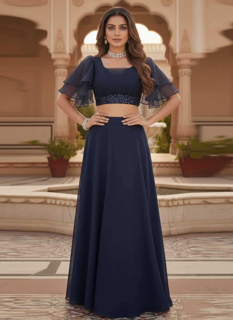 Blue Georgette Sequins Indowestern Skirt Set Wedding Wear