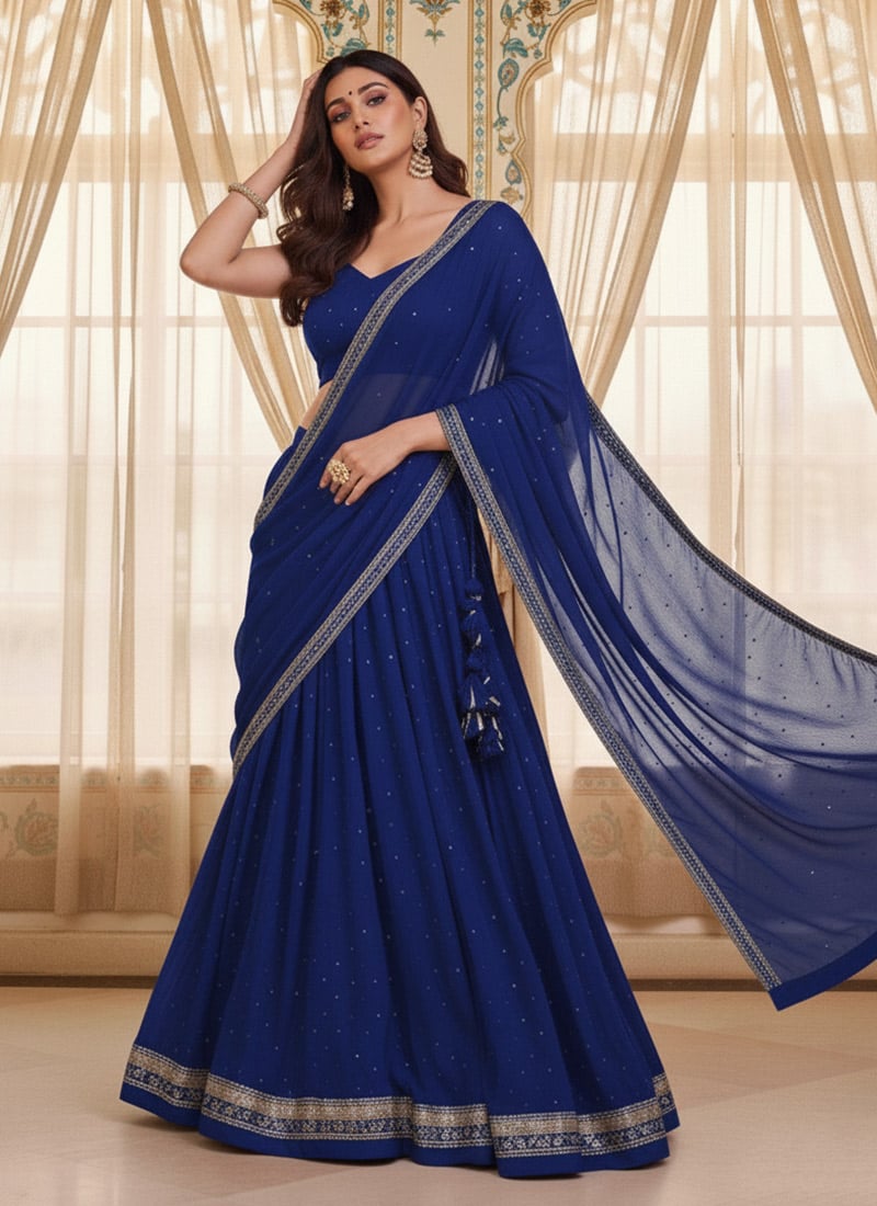 Blue Georgette Sequins Lehenga Wedding Wear