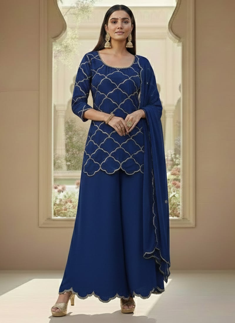 Blue Georgette Sequins Palazzo Suit Festive Wear