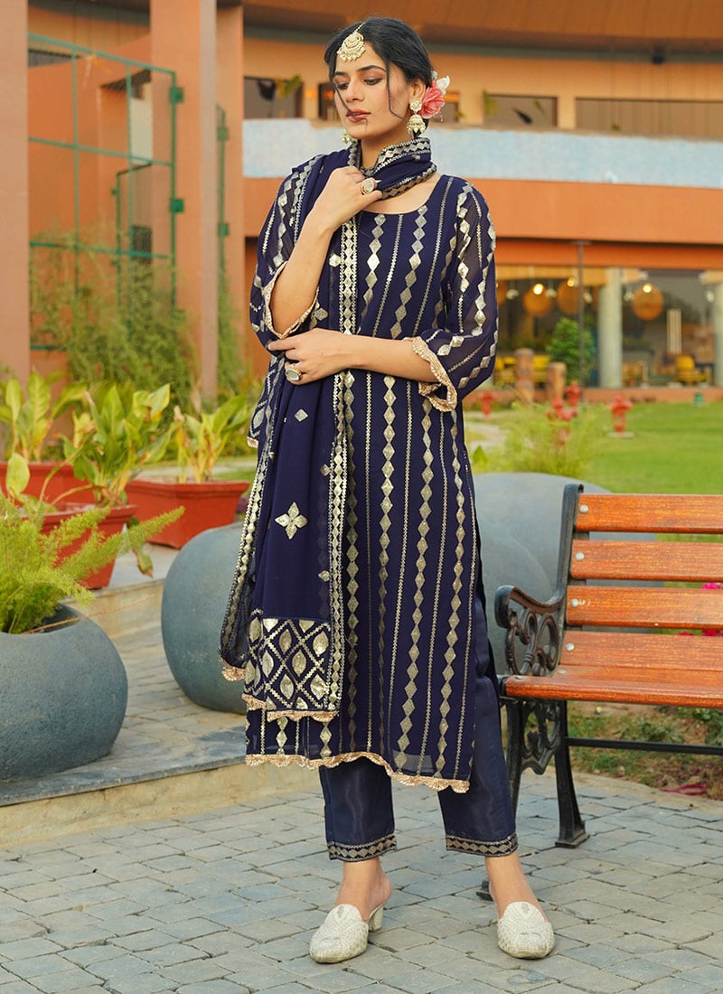 Blue Georgette Sequins Straight Pant Suit Festive Wear