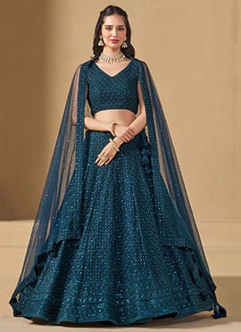 Blue Georgette Sequins Thread Embroidered Umbrella Lehenga Wedding Wear
