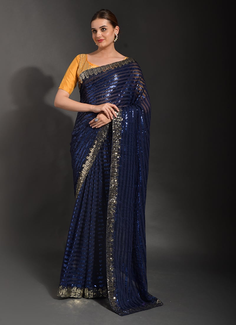Blue Georgette Sequins Work Saree Party Wear