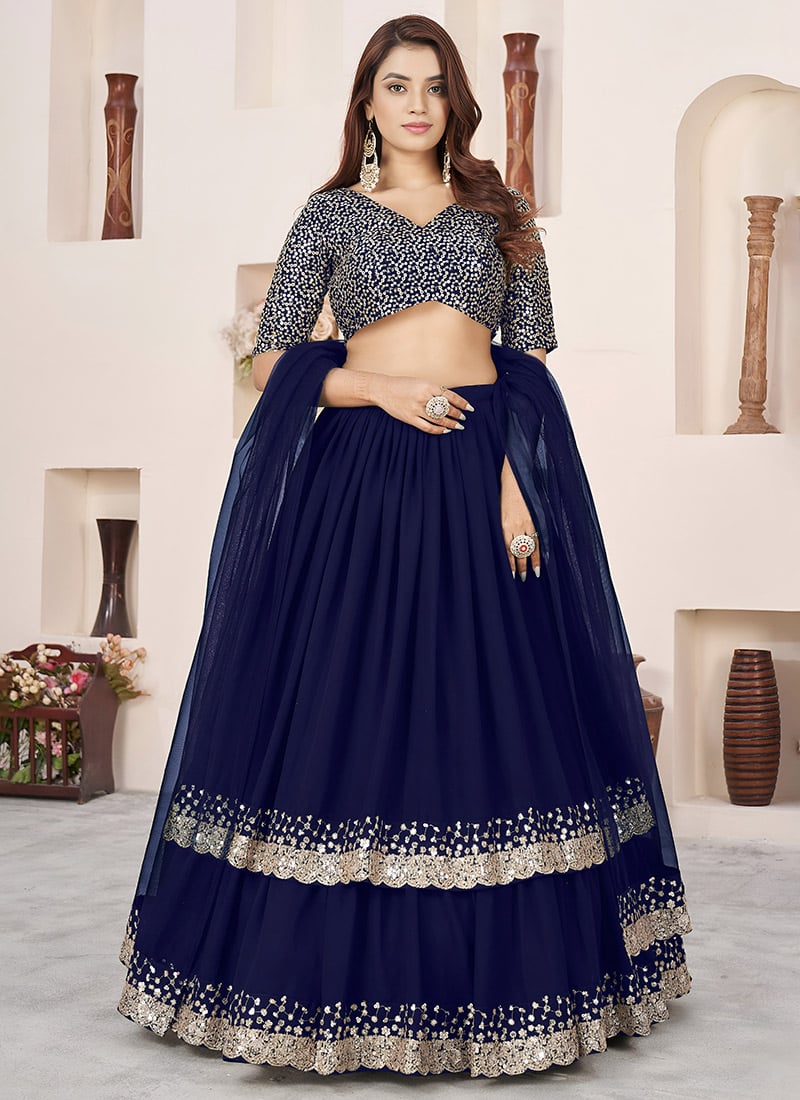 Blue Georgette Sequins Zari Embroidered Lehenga Wedding Wear