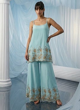 Blue Georgette Sequins Zari Zardosi Hand Embroidered Indowestern Palazzo Set
