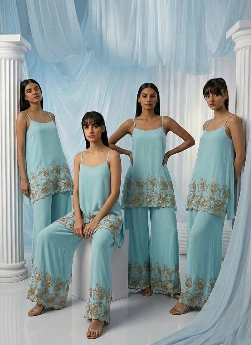 Blue Georgette Sequins Zari Zardosi Hand Embroidered Indowestern Palazzo Set Wedding Wear