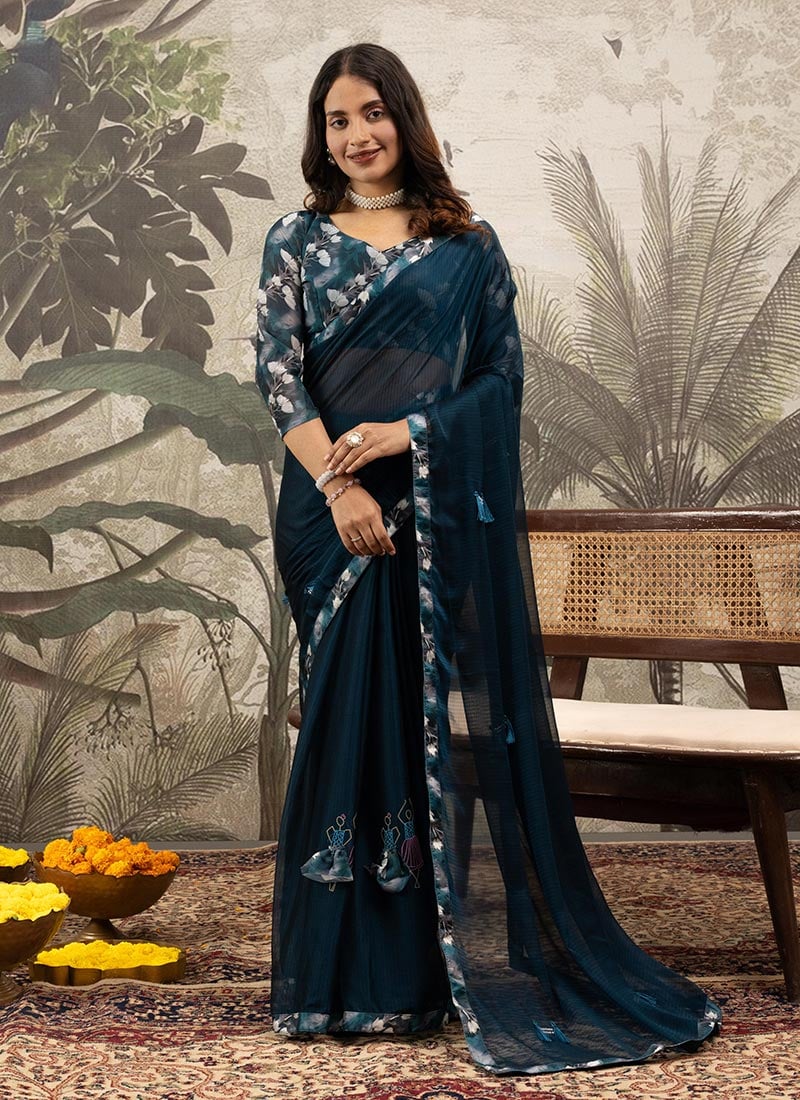 Blue Georgette Silk Printed Saree After Six Wear