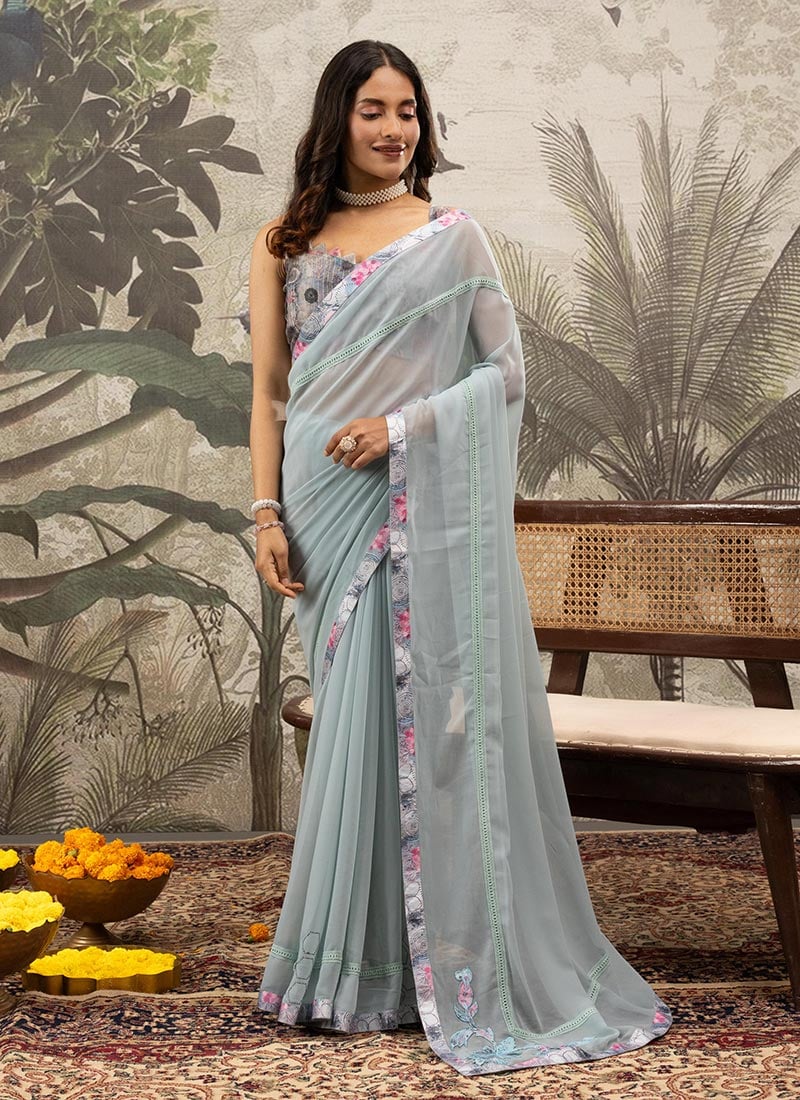 Blue Georgette Silk Printed Saree After Six Wear