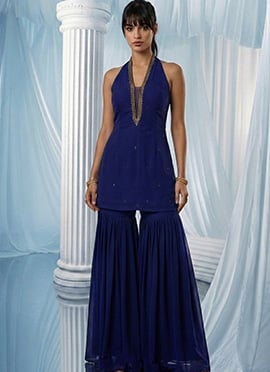 Blue Georgette Stone Work Cut Dana Hand Embroidered Indowestern Co Ord Set