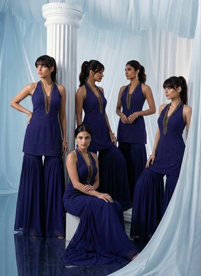 Blue Georgette Stone Work Cut Dana Hand Embroidered Indowestern Co Ord Set Wedding Wear