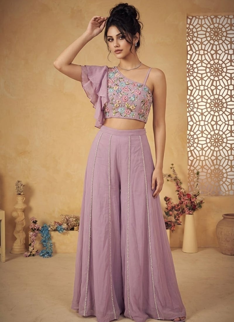 Blue Georgette Stone Work Indowestern Palazzo Suit Wedding Wear
