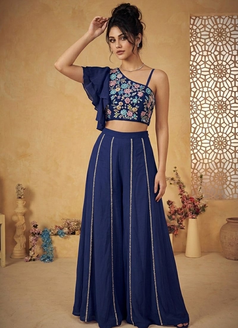 Blue Georgette Stone Work Indowestern Palazzo Suit Wedding Wear