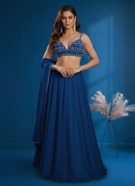 Blue Georgette Stones Beads Hand Embroidered Lehenga
