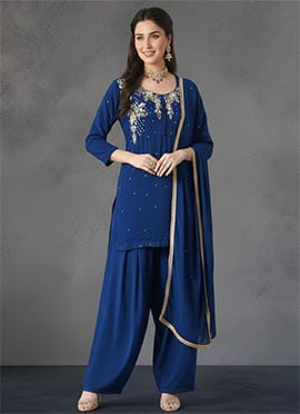 Blue Georgette Stones Hand Embroidered Farshi Style Salwar Suit