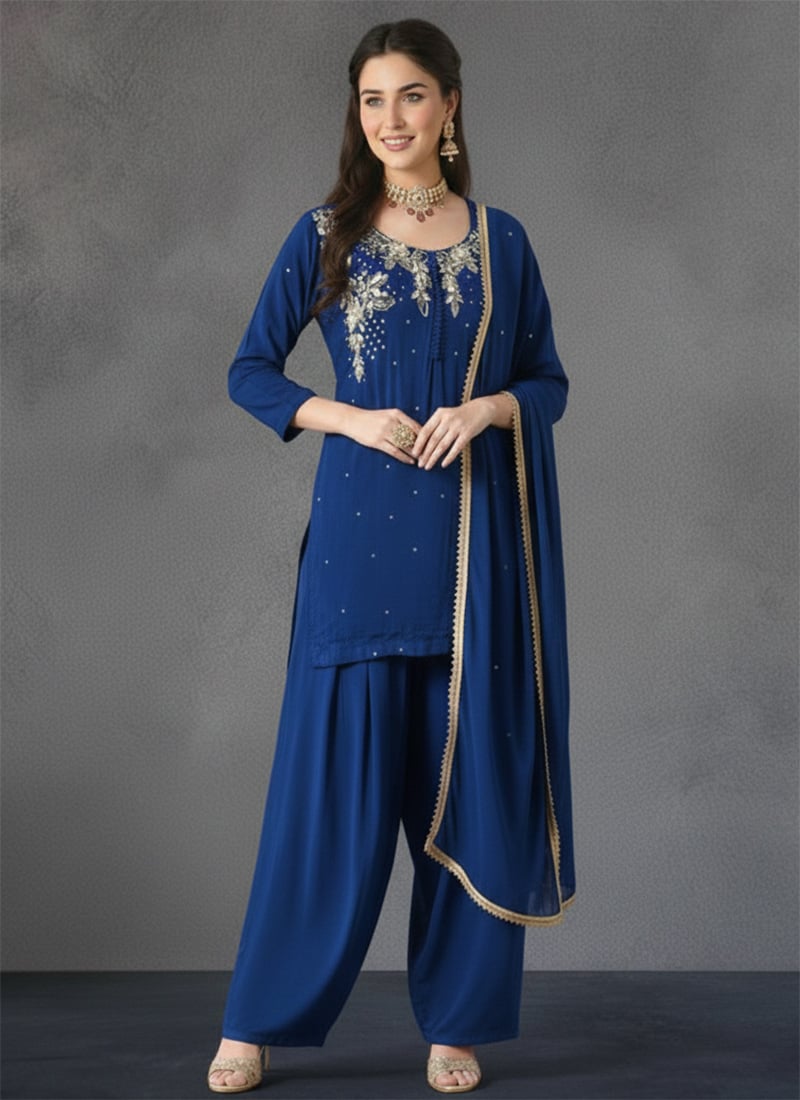 Blue Georgette Stones Hand Embroidered Farshi Style Salwar Suit Festive Wear