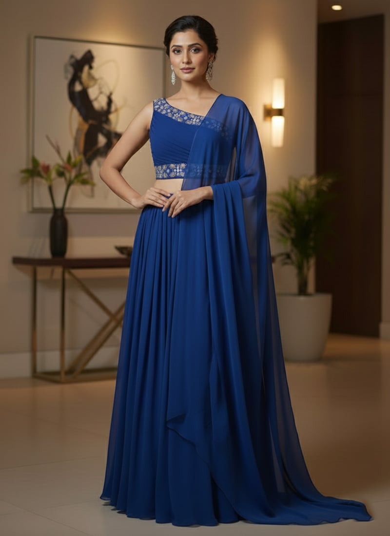 Blue Georgette Stones Hand Embroidered Lehenga Wedding Wear