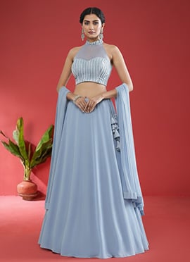 Blue Georgette Stones Hand Embroidered Lehenga