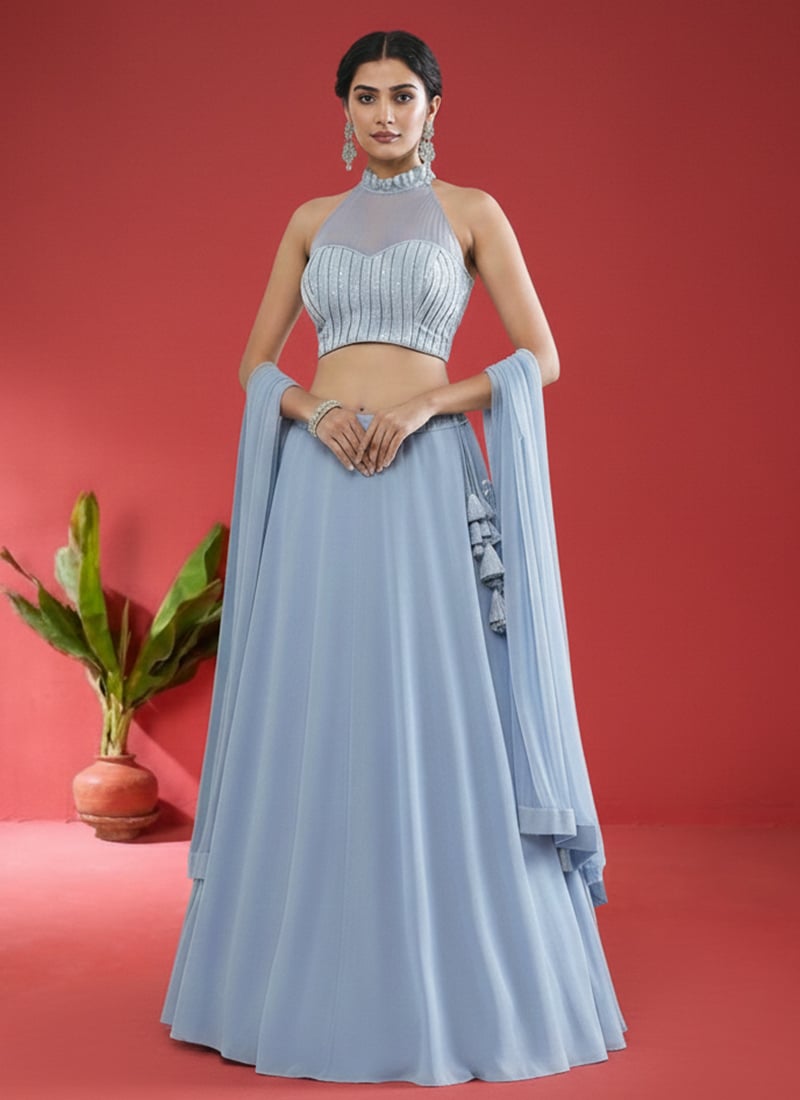 Blue Georgette Stones Hand Embroidered Lehenga