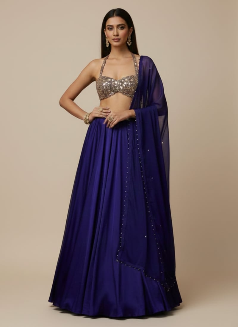Blue Georgette Stones Hand Embroidered Umbrella Lehenga Wedding Wear
