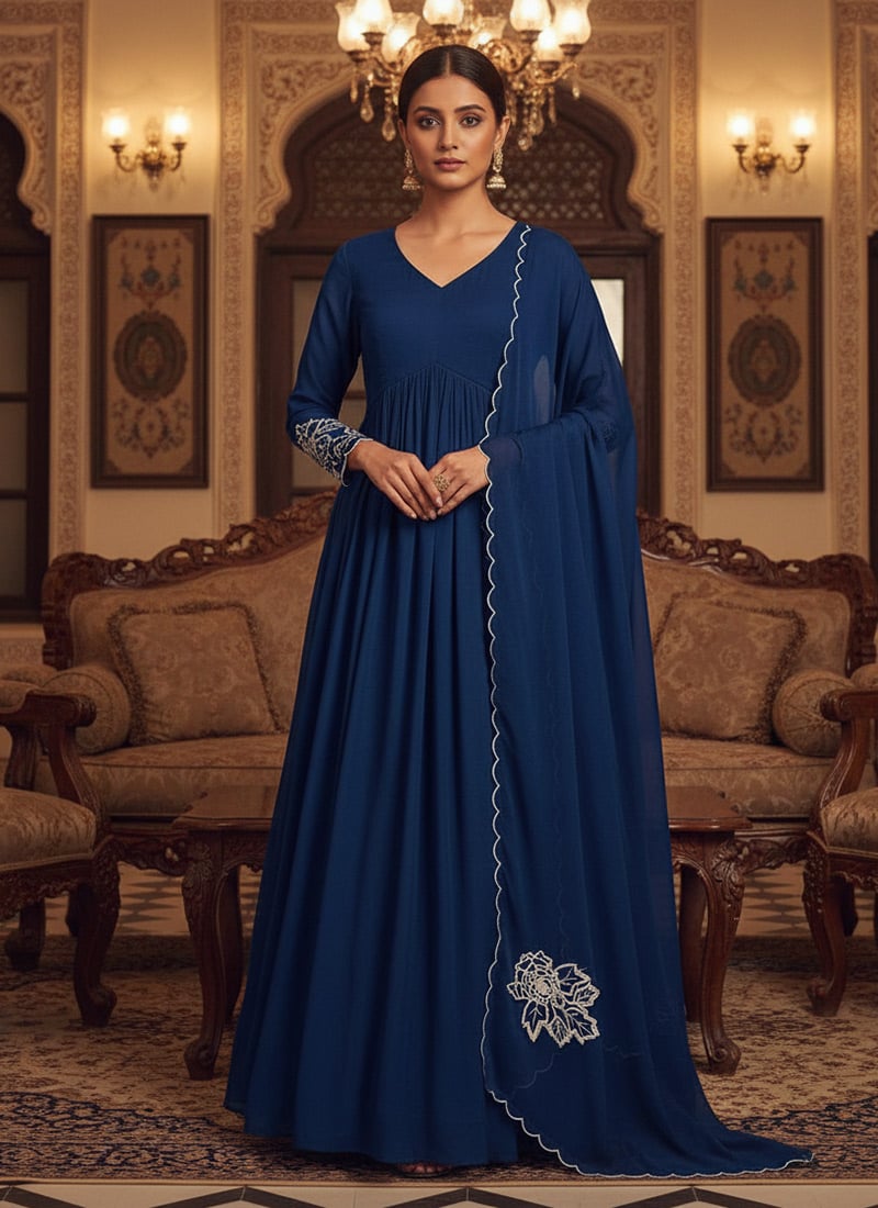 Blue Georgette Zari And Sequins Hand Embroidered Anarkali Suit