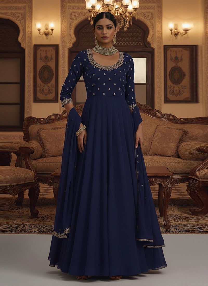 Blue Georgette Zari And Sequins Hand Embroidered Anarkali Suit Festive Wear