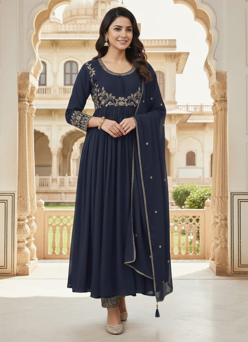 Blue Georgette Zari And Stones Work Anarkali Suit Wedding Wear