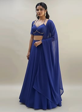 Blue Georgette Zari Bead And Hand Embroidered Lehenga