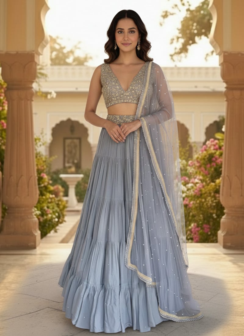 Blue Georgette Zari Beads Sequins Hand Embroidered Lehenga