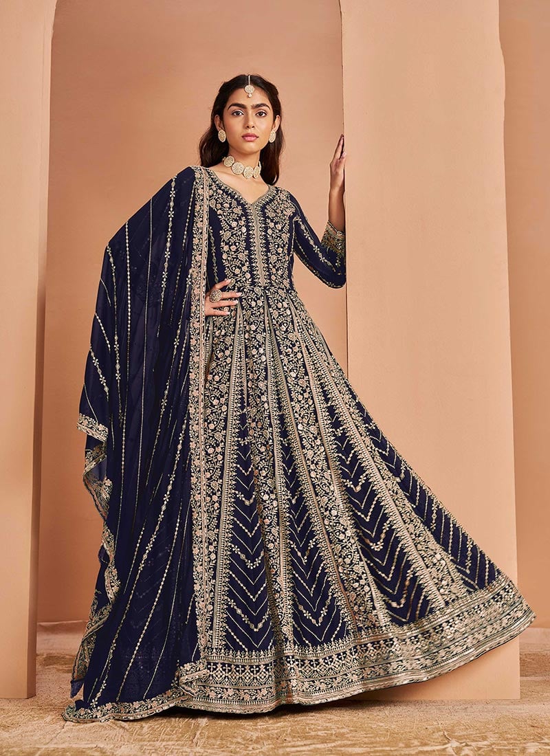 Blue Georgette Zari Embroidered Sequins A Line Anarkali Suit Festive Wear