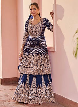 Blue Georgette Zari Embroidered Sequins Anarkali Lehenga