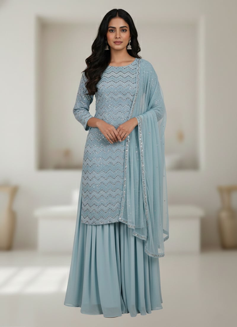Blue Georgette Zari Embroidered Sequins Anarkali Suit Festive Wear
