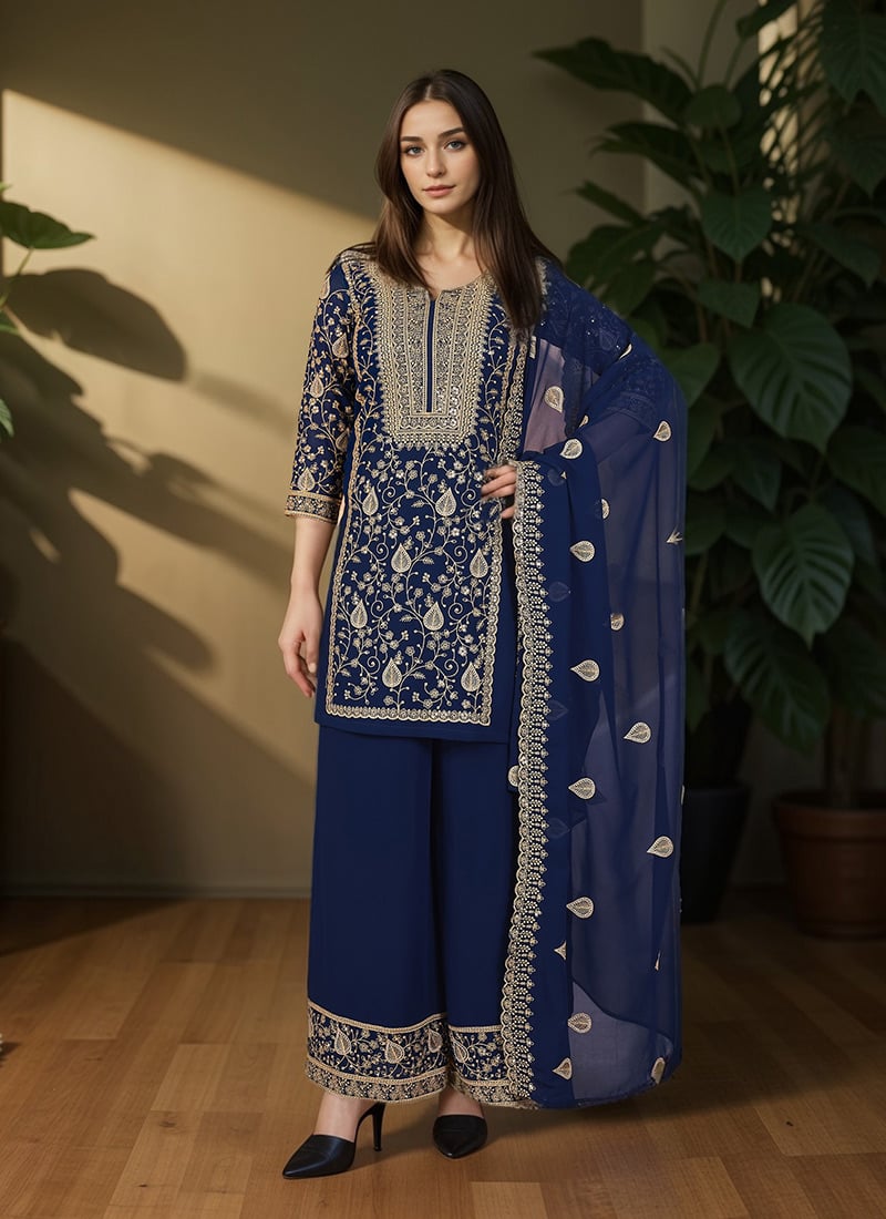 Blue Georgette Zari Embroidered Sequins Gorgeous Palazzo Suit Festive Wear
