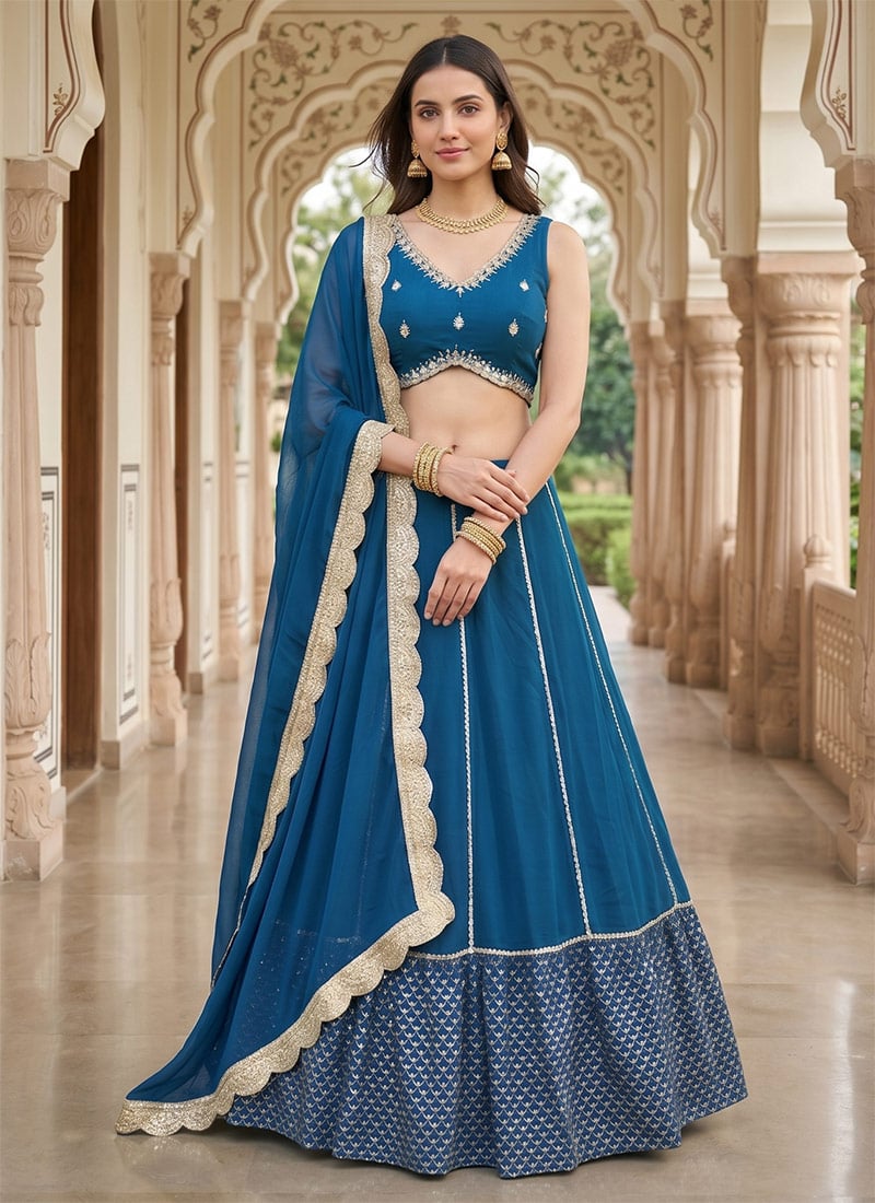Blue Georgette Zari Embroidered Sequins Lehenga Wedding Wear