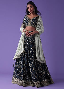 Blue Georgette Zari Embroidered Sequins Lehenga