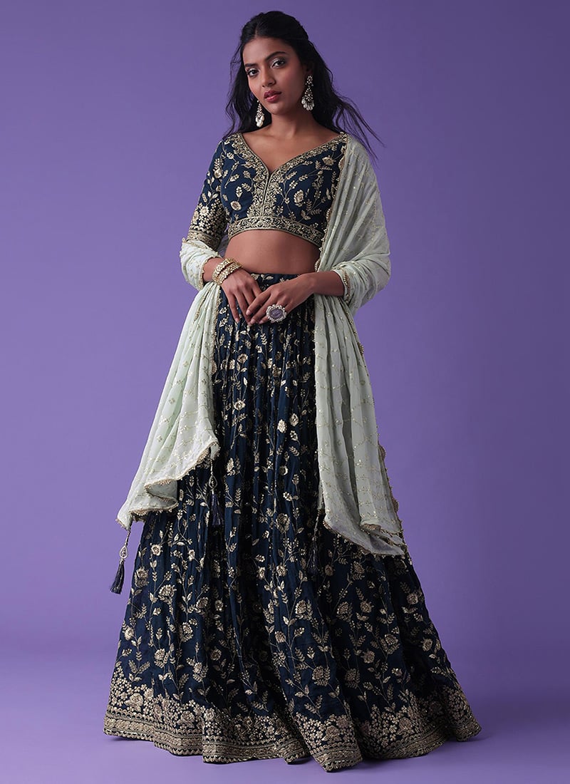 Blue Georgette Zari Embroidered Sequins Lehenga Wedding Wear