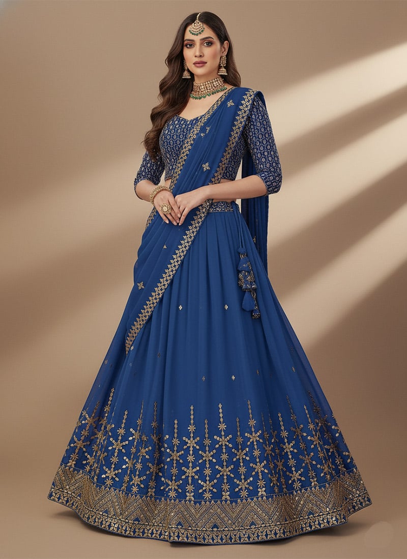 Blue Georgette Zari Embroidered Sequins Lehenga Festive Wear