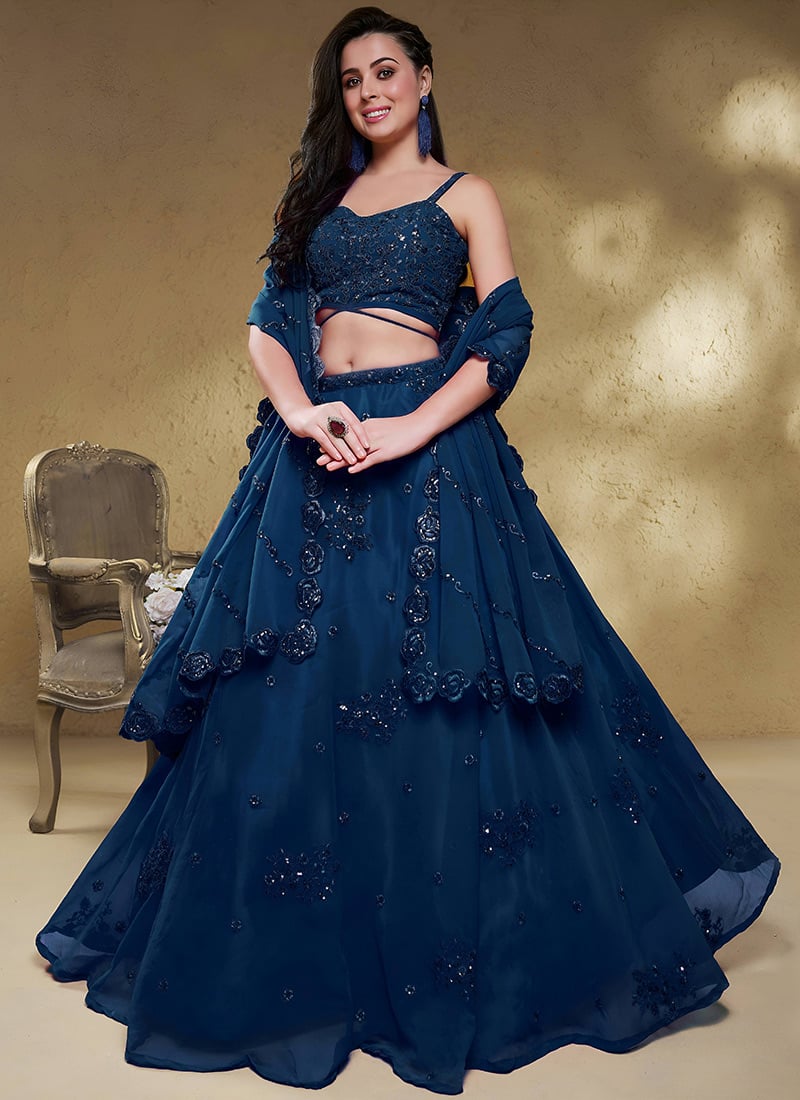 Blue Georgette Zari Embroidered Sequins Lehenga Wedding Wear