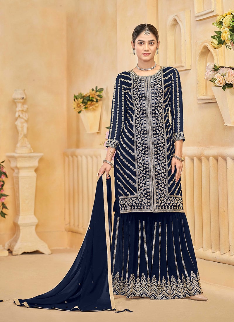 Blue Georgette Zari Embroidered Sequins Pakistani Sharara Suit Festive Wear