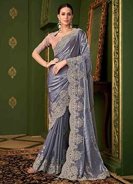 Blue Georgette Zari Embroidered Sequins Saree