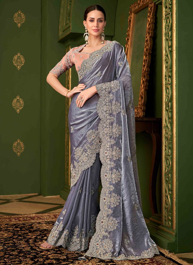 Blue Georgette Zari Embroidered Sequins Saree Wedding Wear