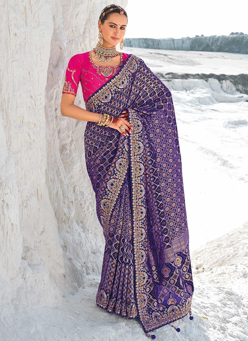 Blue Georgette Zari Embroidered Sequins Stone Work Elegant Saree Wedding Wear
