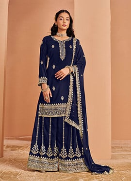 Blue Georgette Zari Embroidered Sequins Stunning Palazzo Suit