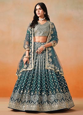 Blue Georgette Zari Embroidered Sequins Umbrella Lehenga Wedding Wear