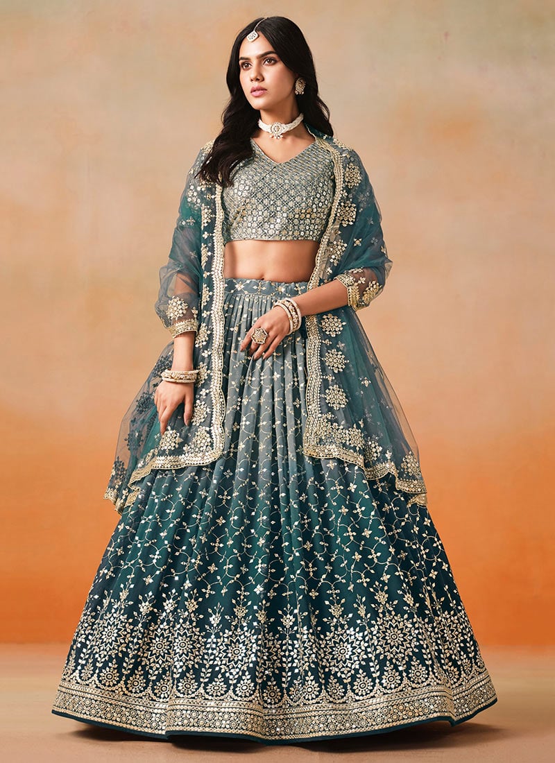 Blue Georgette Zari Embroidered Sequins Umbrella Lehenga Wedding Wear