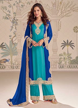 Blue Georgette Zari Embroidered Sequins With Beads Work Palazzo Suit