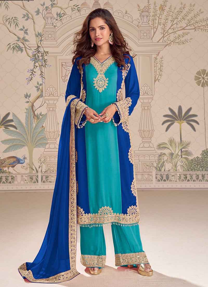 Blue Georgette Zari Embroidered Sequins With Beads Work Palazzo Suit Festive Wear