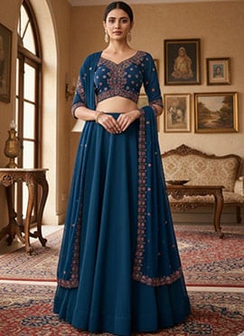 Blue Georgette Zari Embroidered Umbrella Lehenga Choli